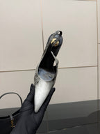 YSL ladies open-back heeled pump, pointed toe, black and silver metallic upper