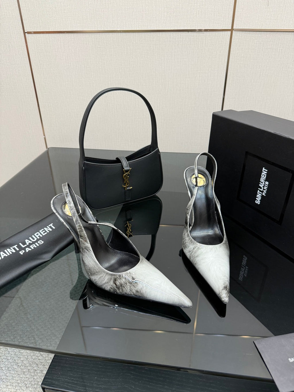 YSL ladies pointed-toe high heels, black and silver metallic, front and back