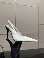White slingback pointed-toe stiletto heel shoe with slim high heel, side angle