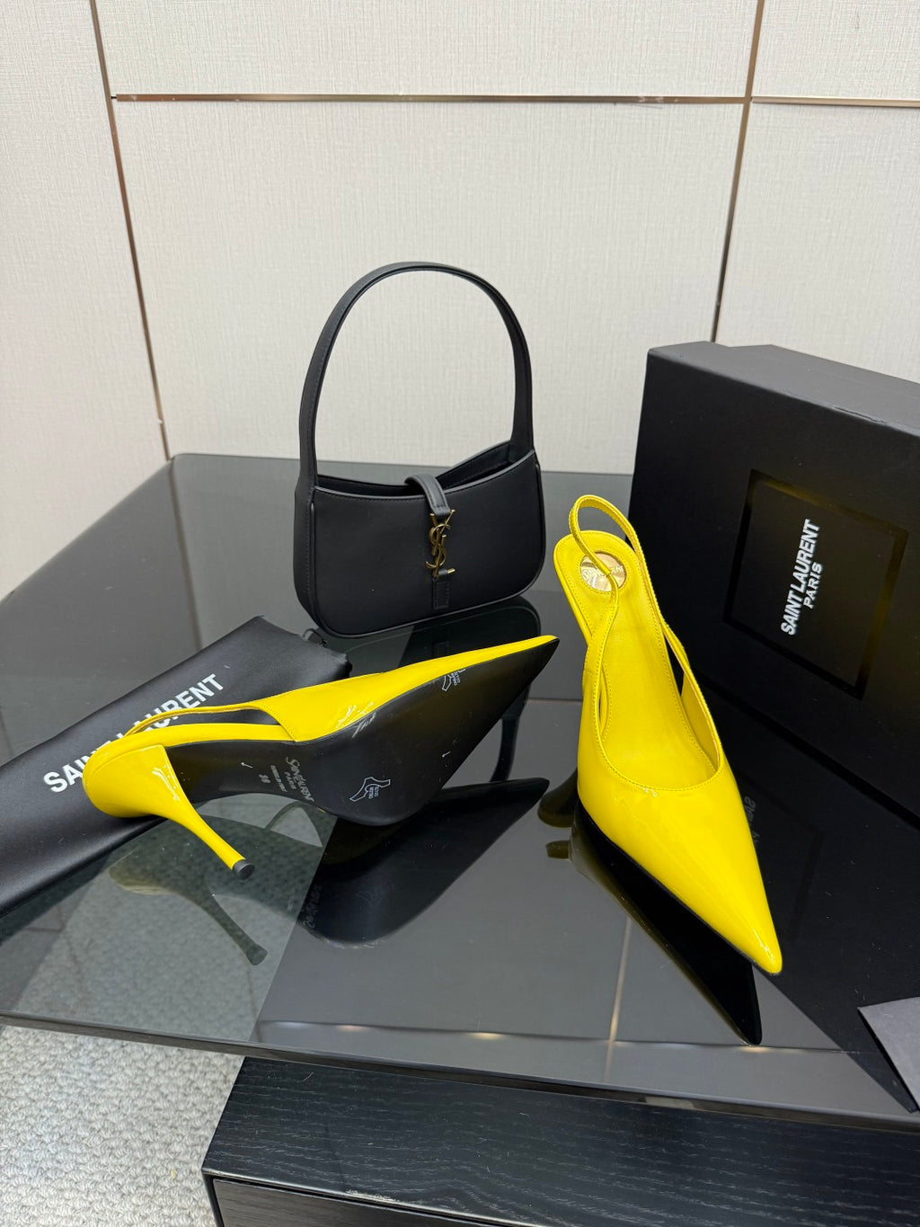 Yellow pointed-toe high-heel slingback shoes, side profile