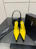 Yellow pointed-toe high-heel slingback shoes, glossy finish