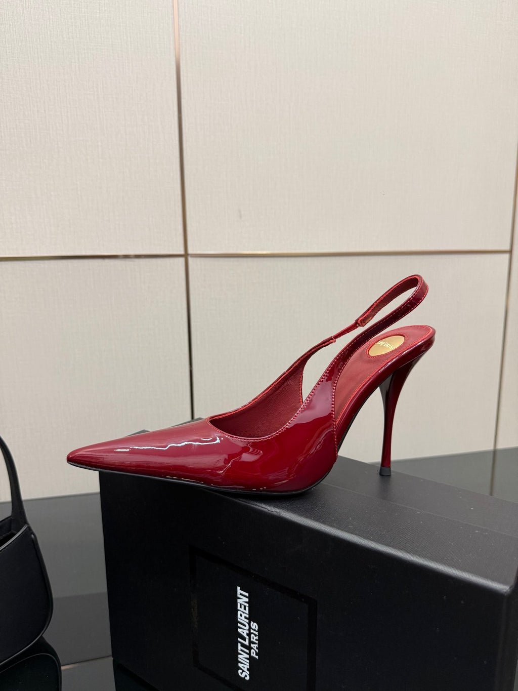 Women’s YSL red patent pointed-toe stiletto mule pump, glossy with slender heel