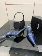 Ladies’ glossy blue pointed-toe high-heel pumps, front and back angles