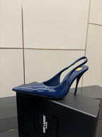 Ladies’ glossy blue pointed-toe high-heel pumps, side profile on heel
