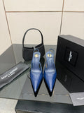 Ladies’ glossy blue pointed-toe high-heel pumps, with stiletto heels
