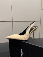 YSL slingback pump: cream pointed toe, slim gold heel, black interior