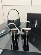 YSL ladies white slingback heels with open side and tall gold stiletto heel