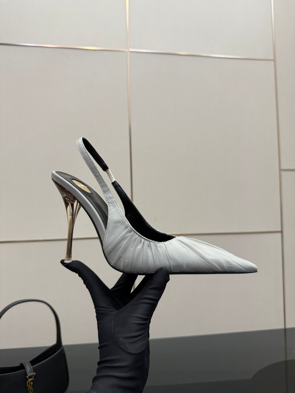 YSL ladies grey-white pointed-toe slingback heel with gold-tone stiletto and black sole