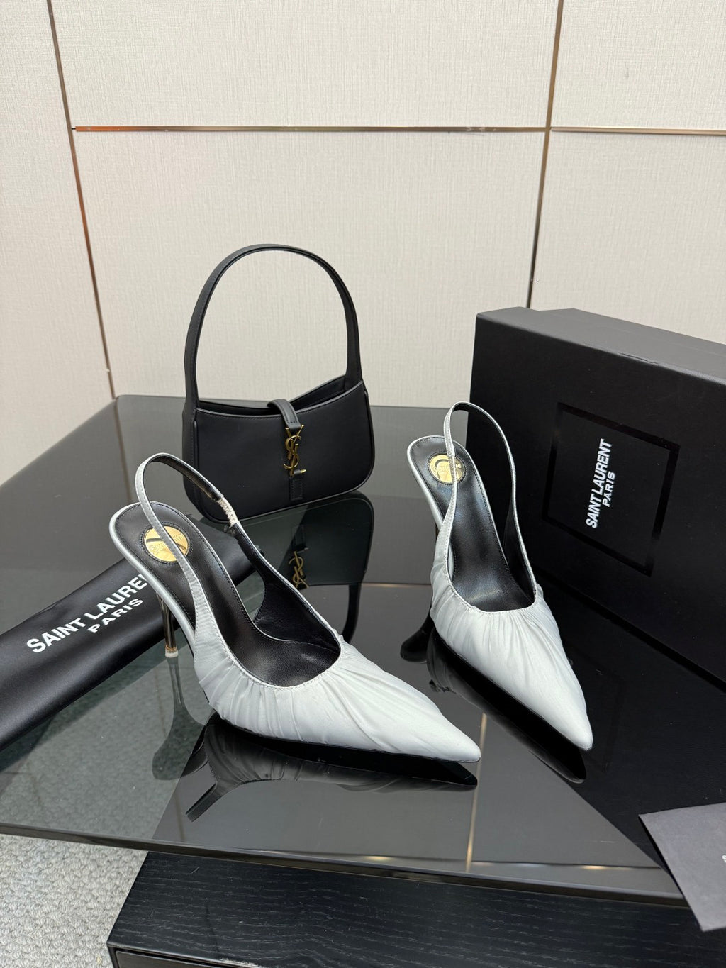 YSL ladies pointed-toe slingback heels in white leather with black stiletto heels