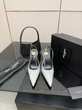 YSL ladies pointed-toe slingback heels with white upper and black stiletto heel