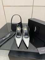 YSL ladies pointed-toe slingback heels with white upper and black stiletto heel