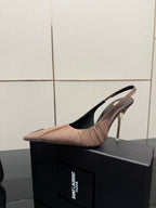 Women's nude pink slingback pump on box, pointed toe and thin gold-toned heel