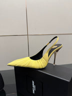 Single yellow pointed-toe slingback stiletto heel shoe, metallic silver heel