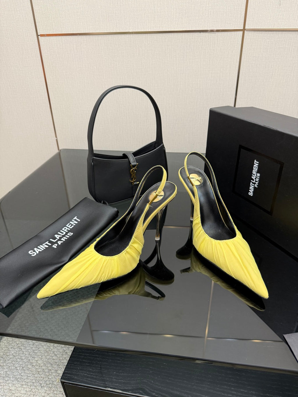 Yellow pointed-toe slingback stiletto heels with slim heel, black insole, side-by-side
