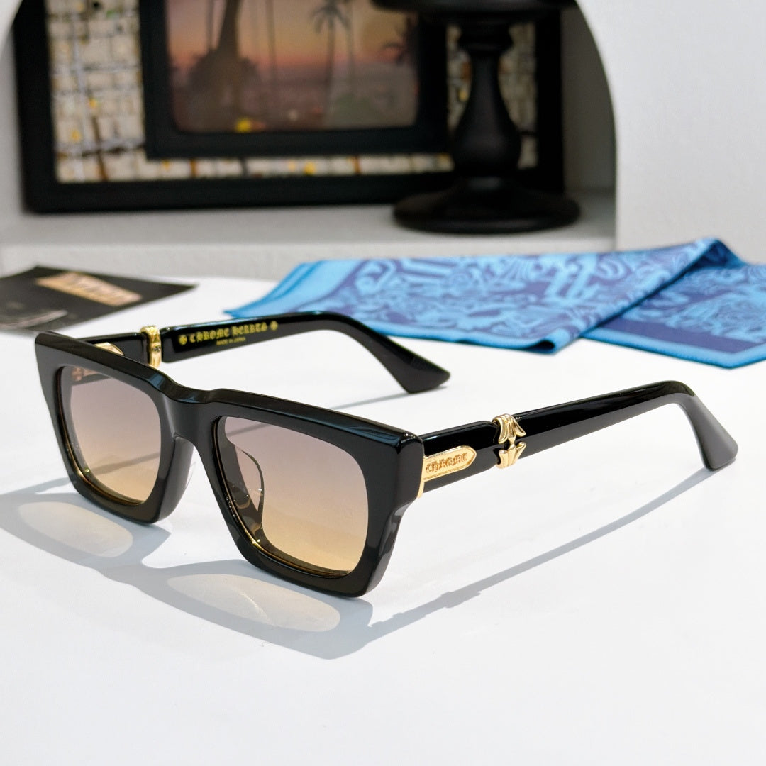 Tortoiseshell square sunglasses with tinted lenses and gold-tone logo detail on arms