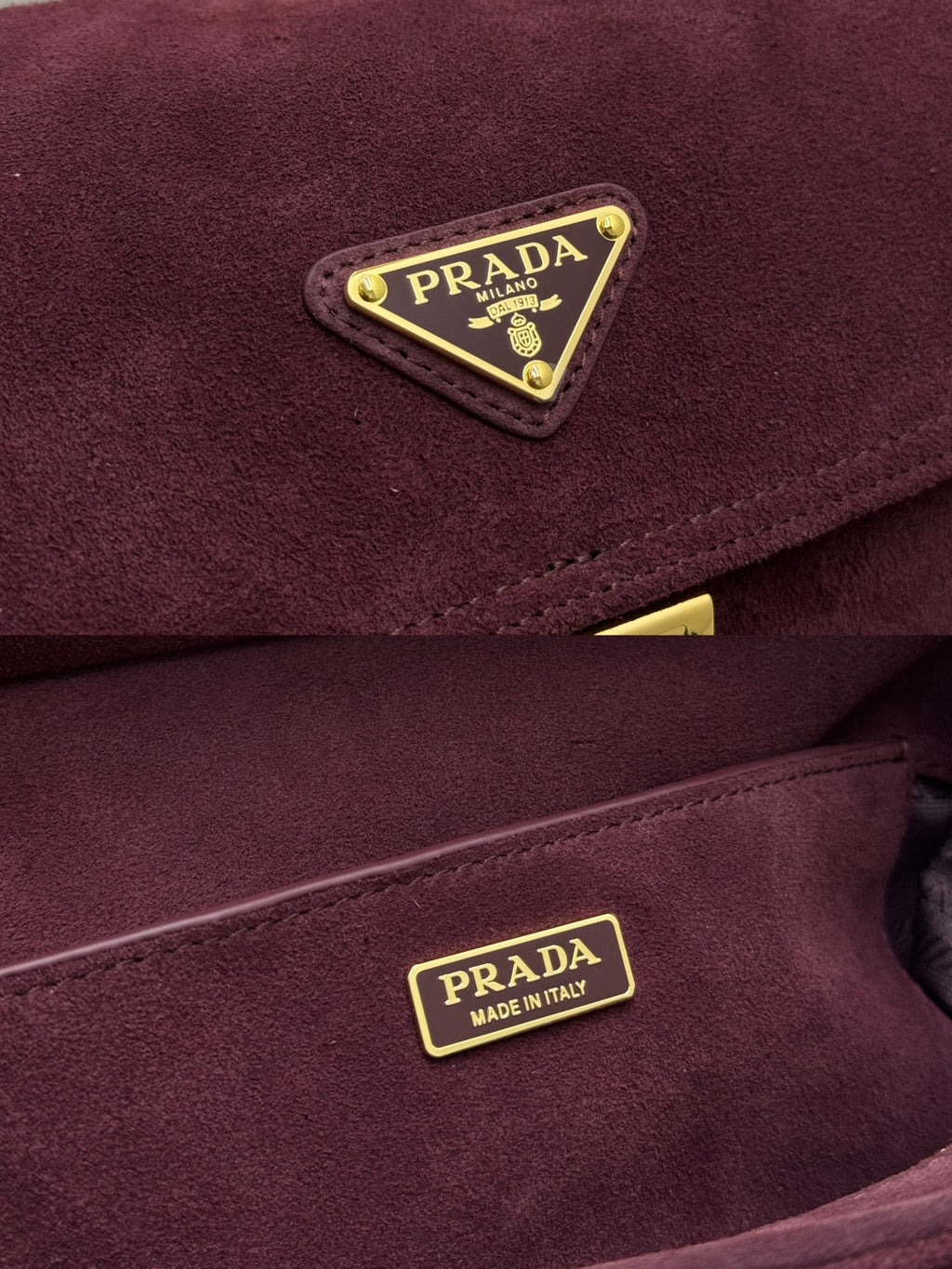 Burgundy suede Prada bag close-up with triangle logo plaque and gold trim buckles