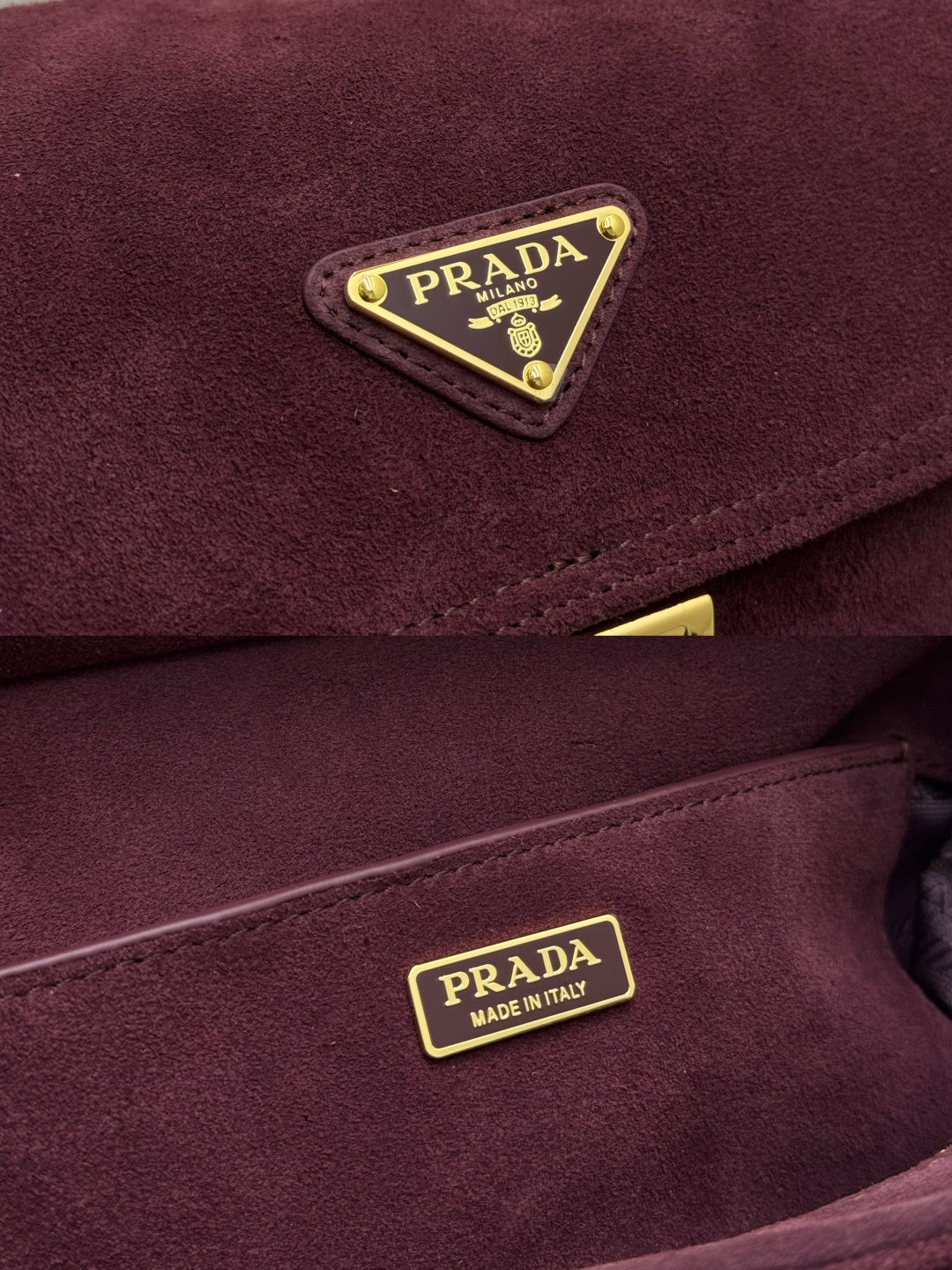 Burgundy suede Prada bag close-up with triangle logo plaque and gold trim buckles