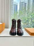 Louis Vuitton brown leather lace-up boots with black tread sole
