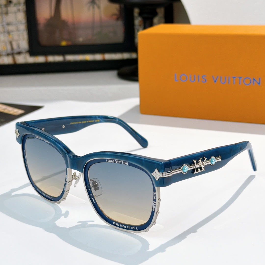 Louis Vuitton sunglasses with blue frames and light lenses, gold logo detail on temple