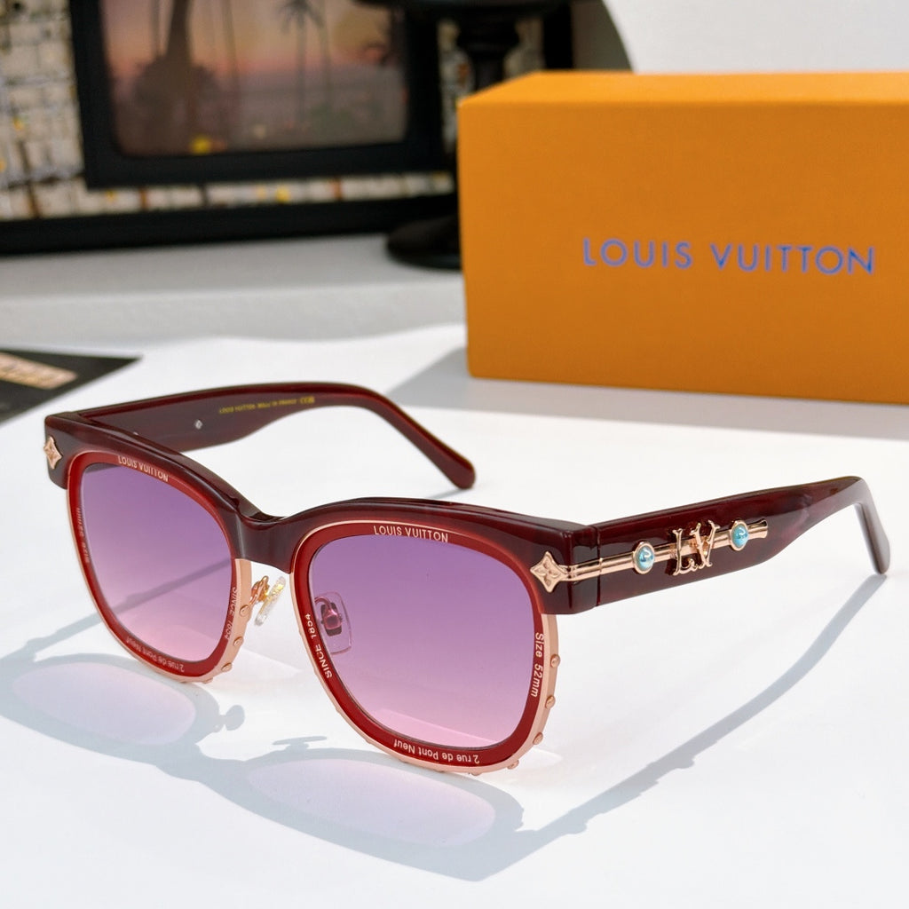 Louis Vuitton sunglasses with red frames and purple lenses, gold logo detail on temple