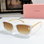 MiuMiu white sunglasses with tinted lenses, rounded square frames, and gold temples
