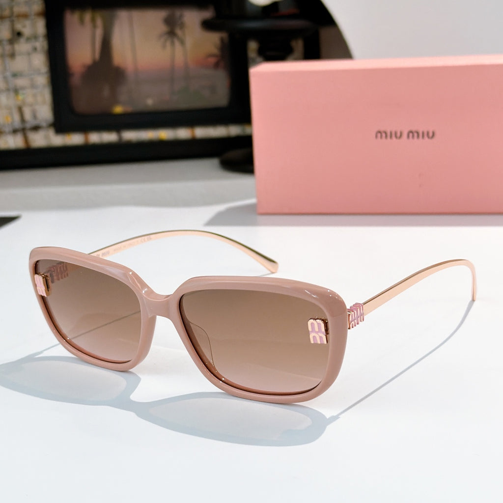 MiuMiu light pink sunglasses with oversized square frames and gold logo detail