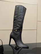 YSL ladies knee-high black leather boots, close side view