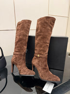 YSL women’s suede knee-high boots, brown, pair angle view with gold strap buckles