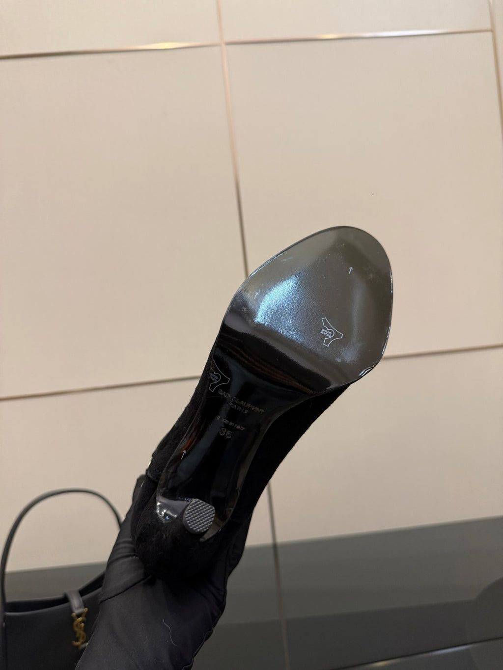 YSL ladies black tall heeled boot sole and heel, underside detail visible