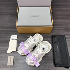 Balenciaga sandals in white with lilac ribbon bows, chunky sole, lace-up straps
