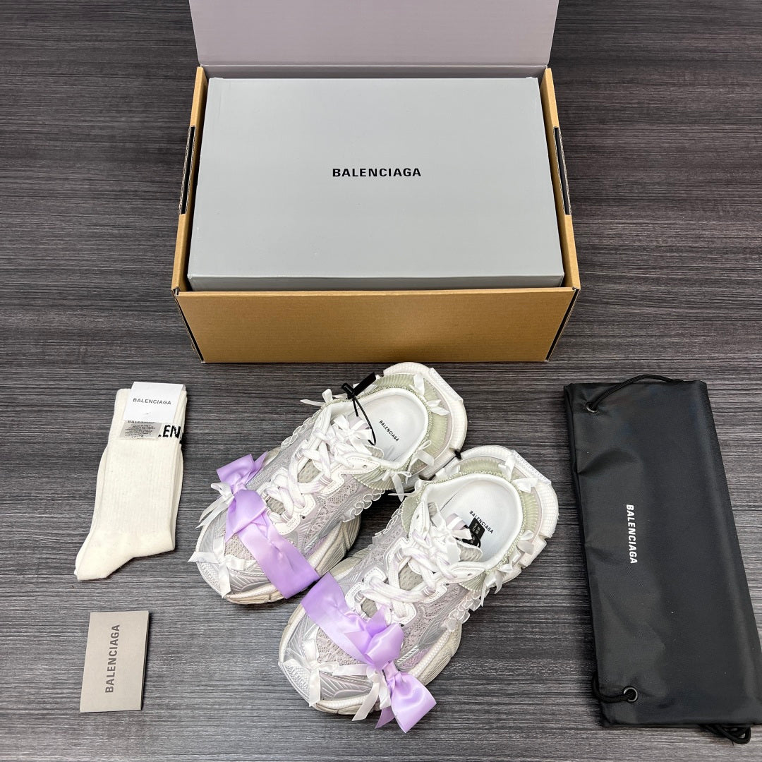 Balenciaga sandals in white with lilac ribbon bows, chunky sole, lace-up straps