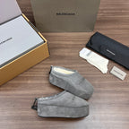Balenciaga gray suede slip-on shoes with cream lining and lace bow ties
