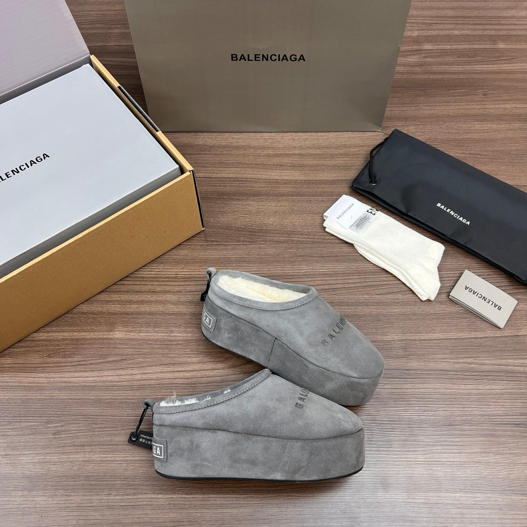 Balenciaga gray suede slip-on shoes with cream lining and lace bow ties