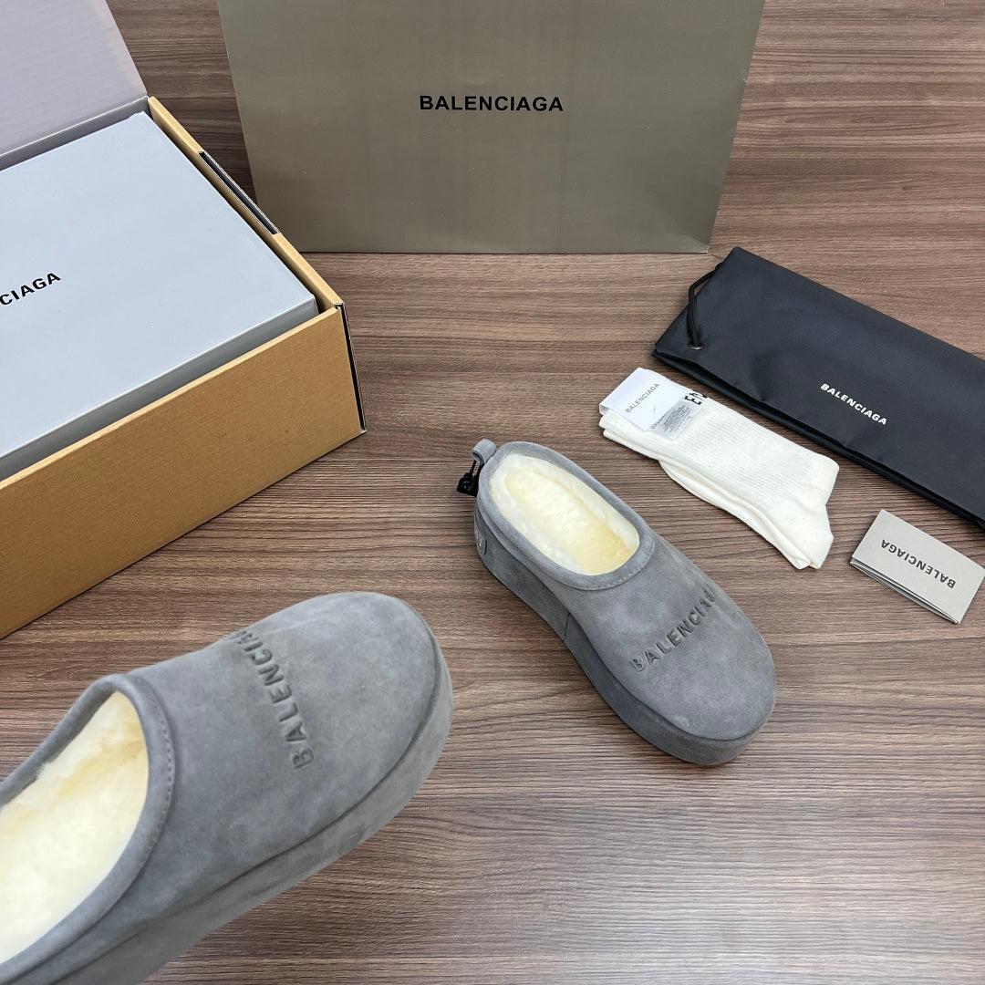 Balenciaga gray suede slipper with cream interior and lace tie at vamp
