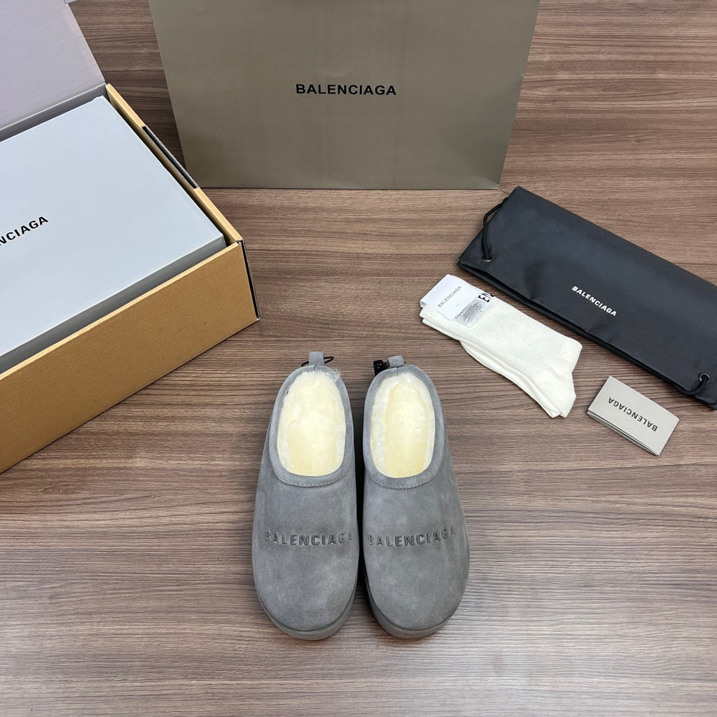 Balenciaga gray suede slip-on slippers, faux-fur lining, black lace ties