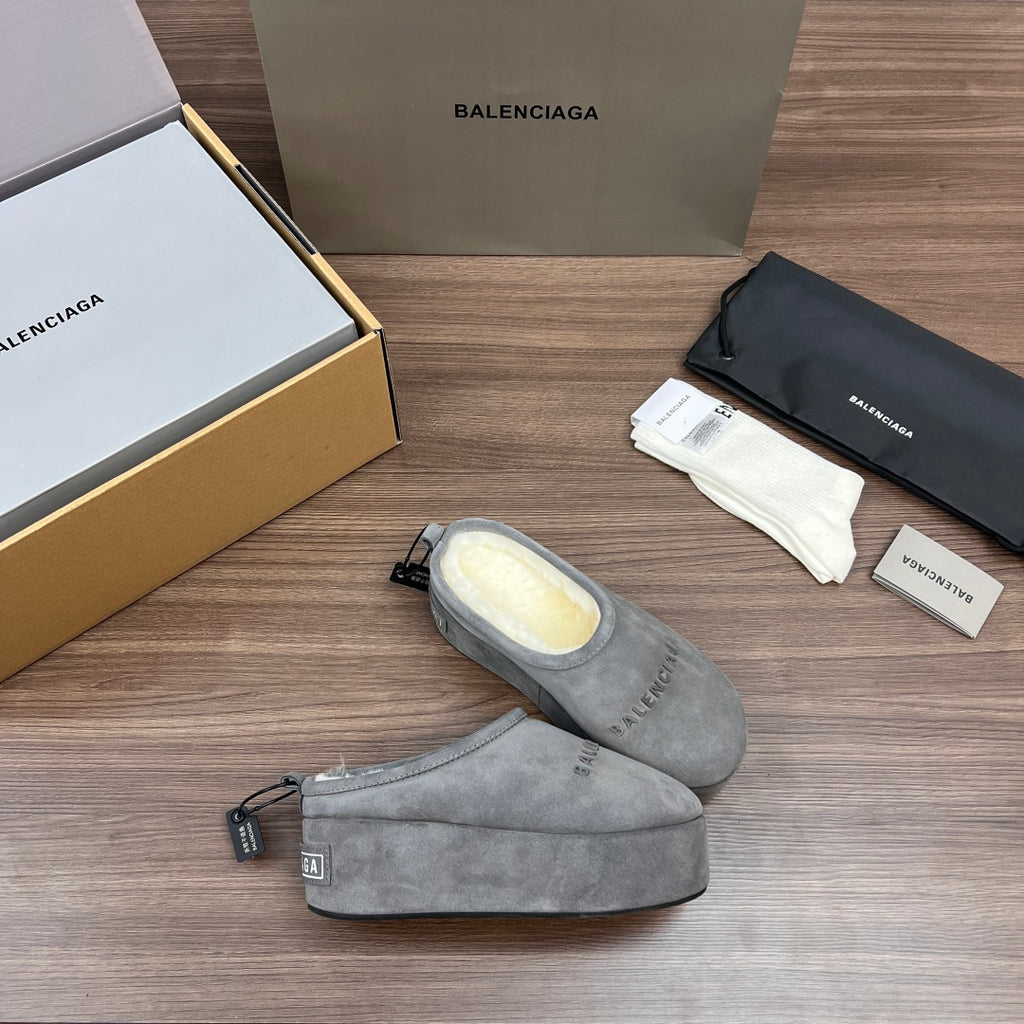 Balenciaga gray suede platform slippers with cream lining and lace fastening