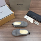 Balenciaga gray suede slipper shoes with cream faux-fur lining and lace detail