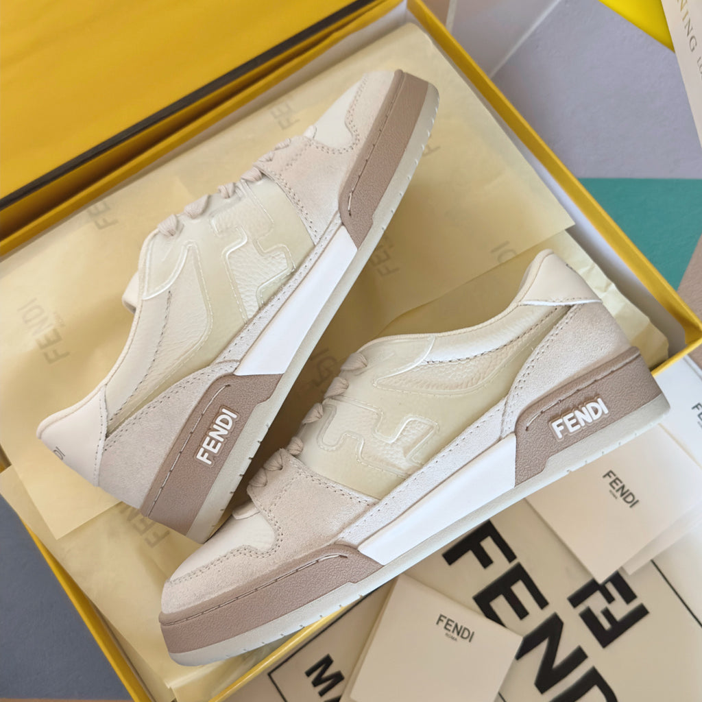 Fendi unisex sneakers, white leather with beige side panel and FENDI logo patch.