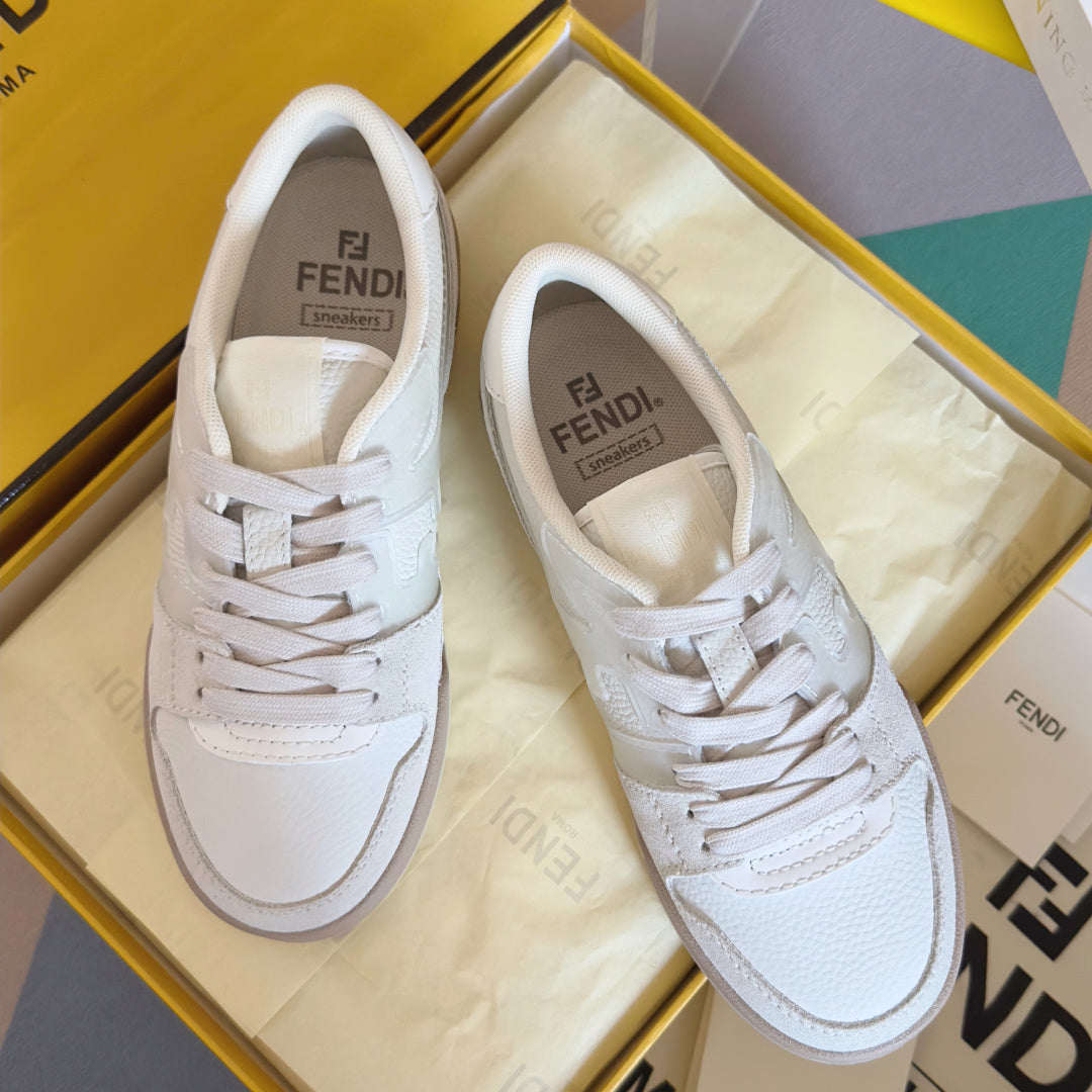 Fendi unisex sneakers, white leather lace-up with FENDI logo on tongue and side.