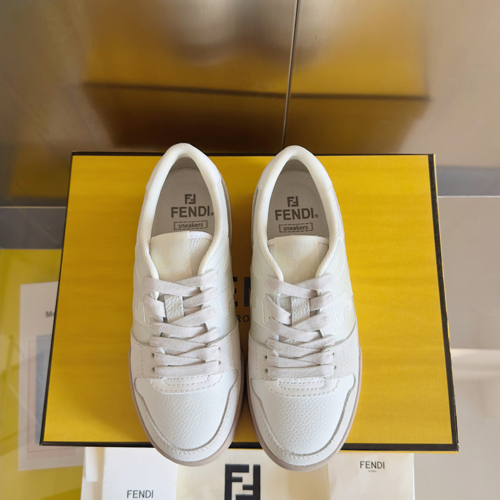 Fendi unisex sneakers, pair front view in box, white leather lace-up with FENDI logos.