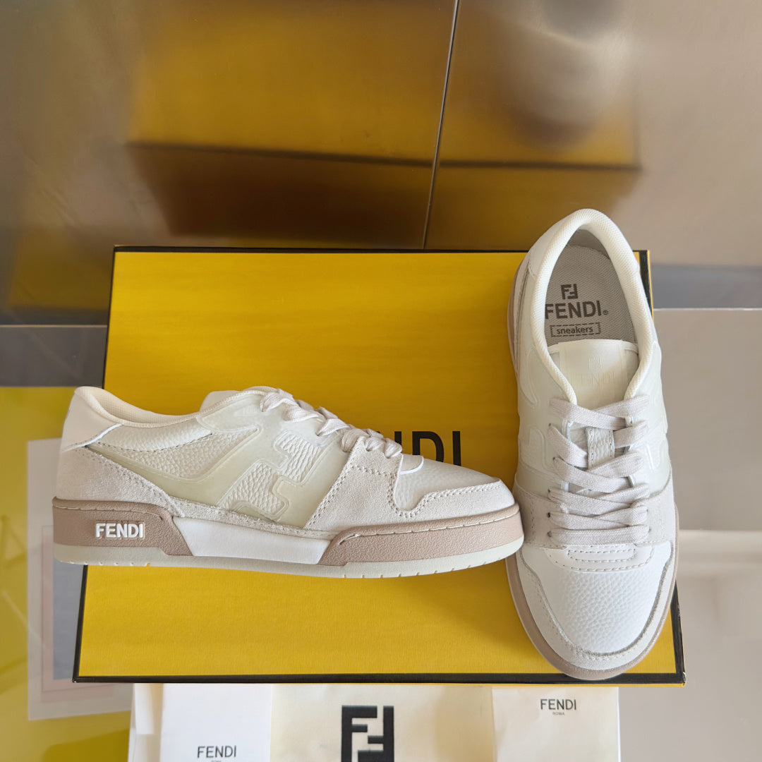 Fendi unisex sneakers, white leather lace-up with beige trim and FENDI branding.