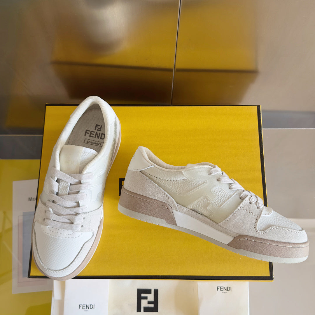 Fendi unisex sneakers in box, white leather lace-up with beige side stripe and logos.