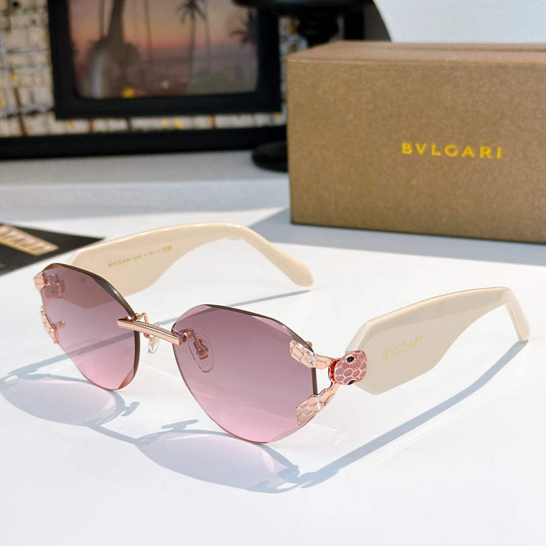 Bvlgari sunglasses with light pink lenses, pale frame, and gold-tone hinge ornament