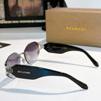 Bvlgari sunglasses with purple lenses and black frame, gold-tone hinge ornament