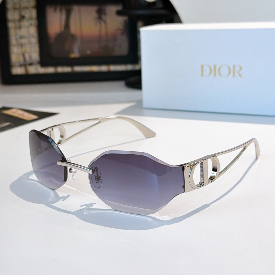 Dior sunglasses with purple-tinted lenses and gold-tone frames