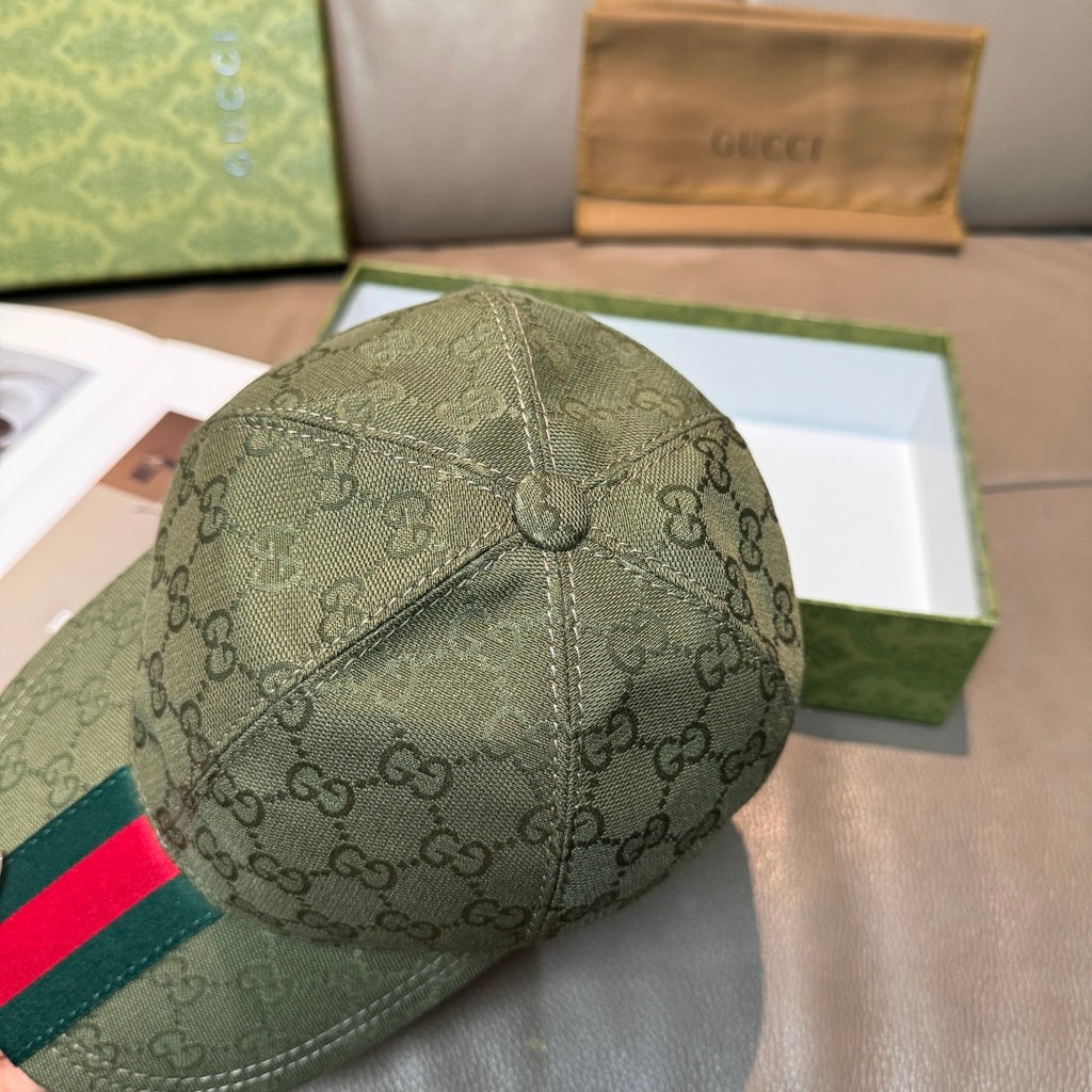 Dark green GG canvas cap with stitched crown and allover logo print