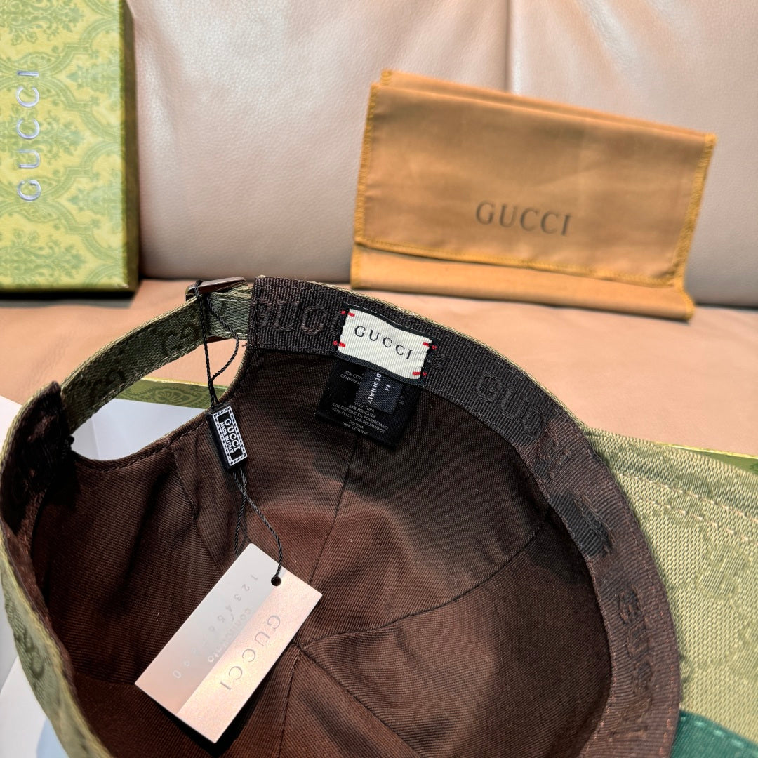Gucci GG baseball cap with black interior lining and adjustable strap, label tags visible