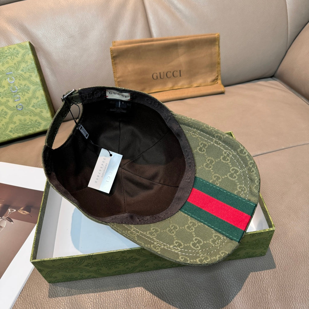 Gucci GG monogram cap in dark green with black interior and green-red-amber web stripe