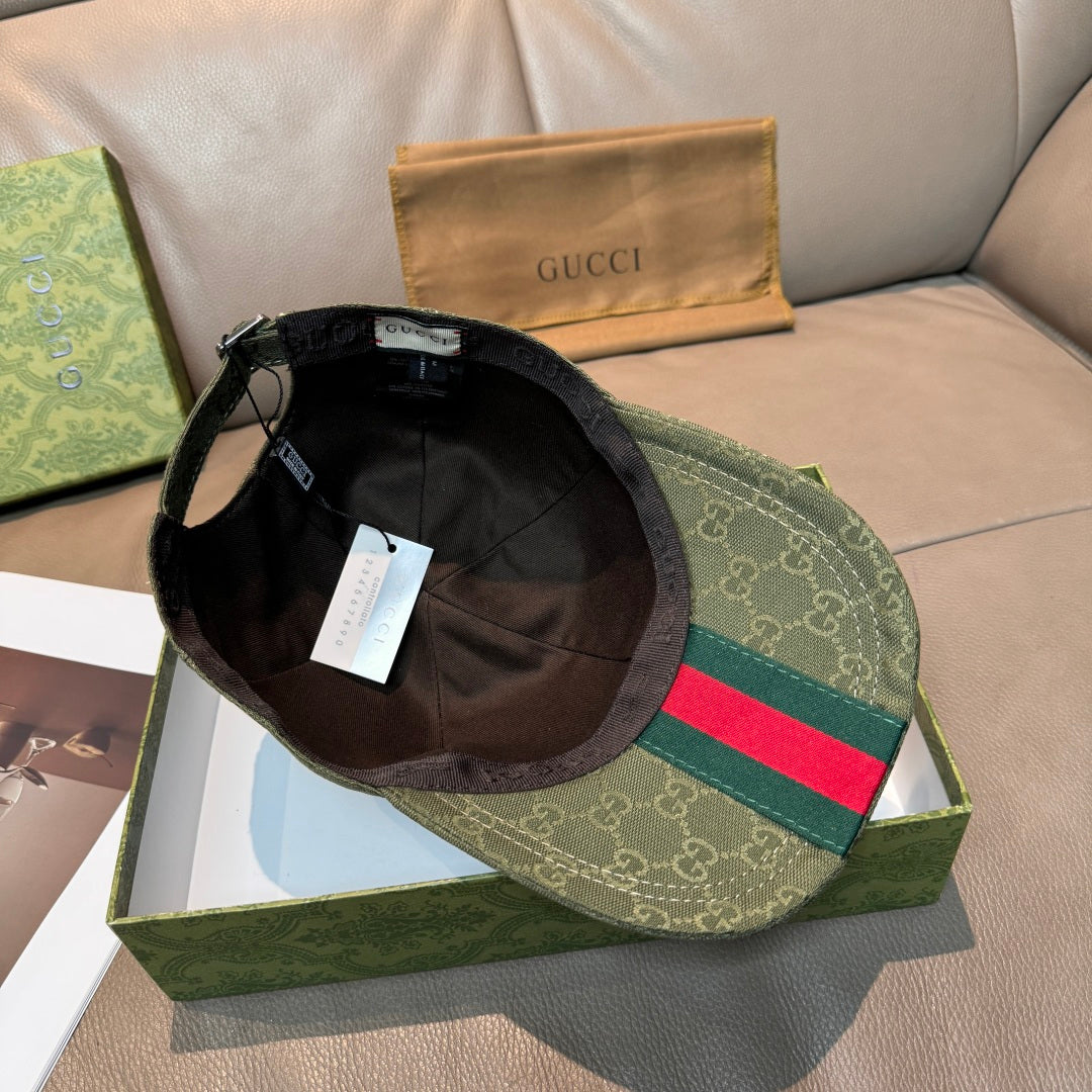 Gucci GG monogram cap in dark green with black interior and green-red-amber web stripe