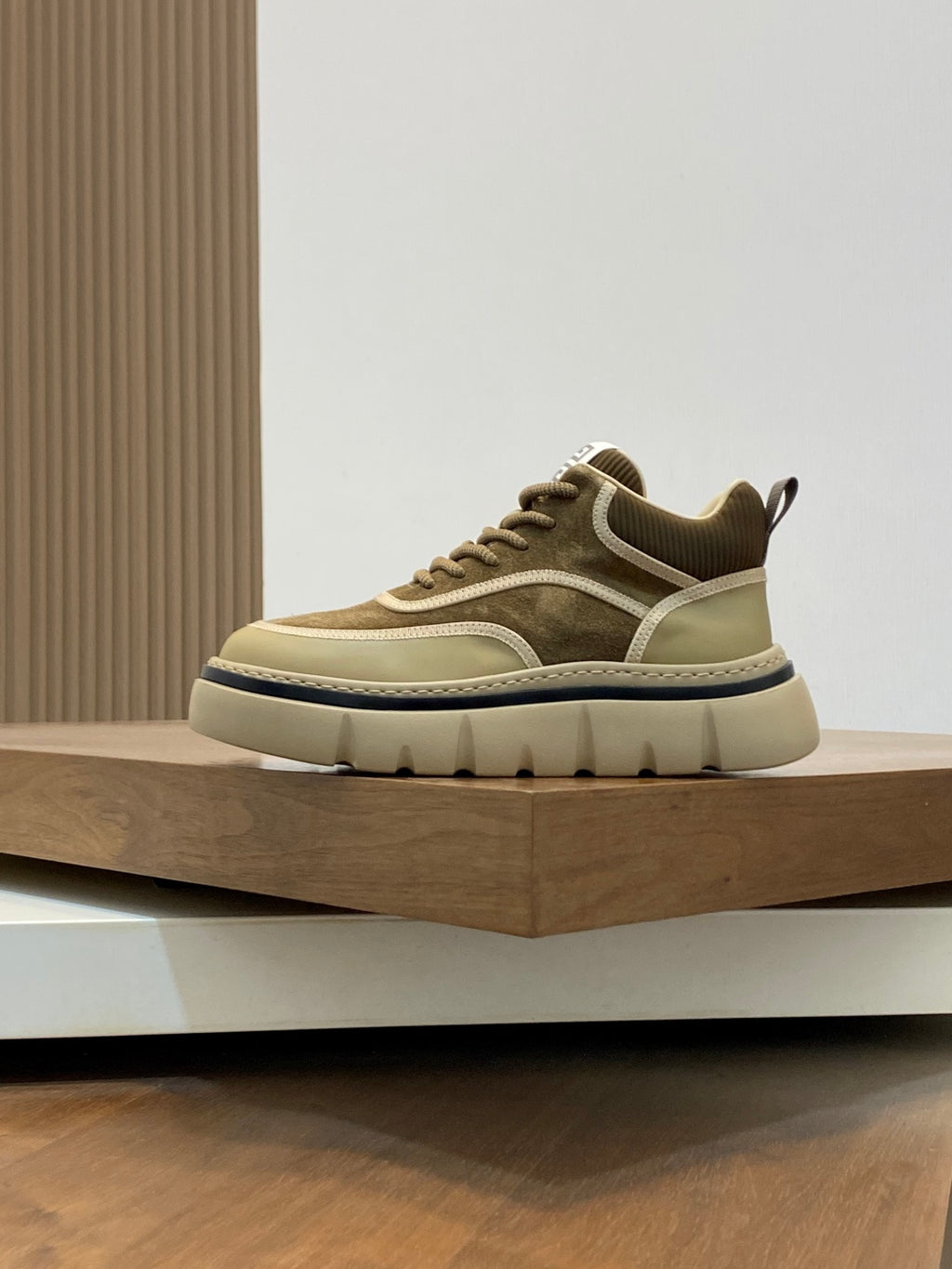Luxury sneakers, olive upper with beige overlays, lace-up and chunky sole